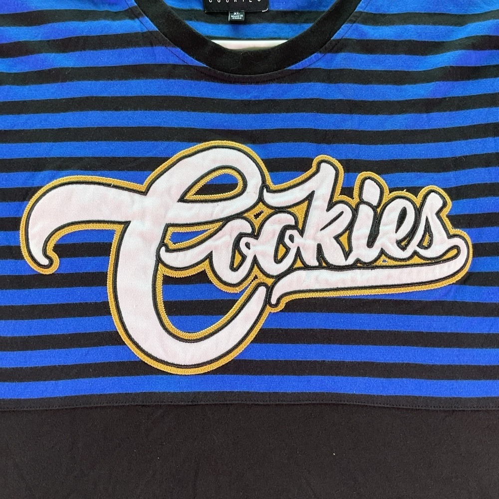 Cookies SF Mens XL T-Shirt Blue Black Striped Colorblock Embroidered Logo Cotton